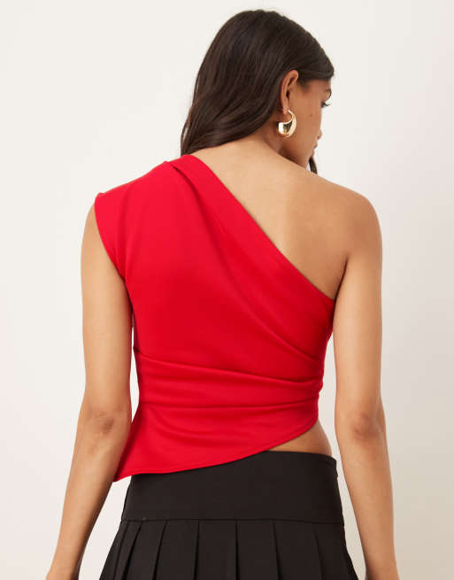 ASOS DESIGN - Top monospalla rosso con arricciatura e fondo asimmetrico, 4 di 4