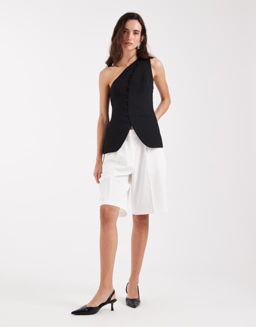 ASOS DESIGN - Top monospalla sartoriale nero con bottoni, 2 di 4