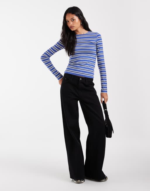 ASOS DESIGN top morbido a maniche lunghe con girocollo a righe blu, 2 di 4