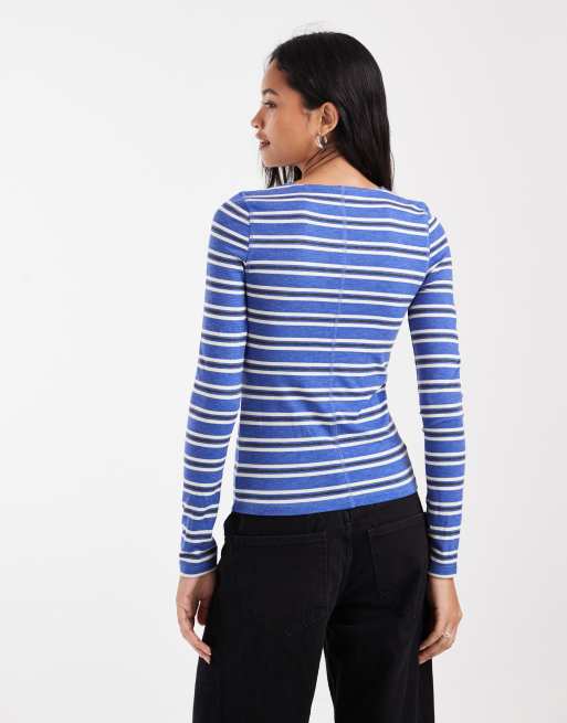 ASOS DESIGN top morbido a maniche lunghe con girocollo a righe blu, 4 di 4