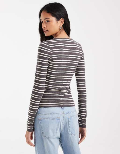 ASOS DESIGN top morbido a maniche lunghe con girocollo a righe color cioccolato, 4 di 4