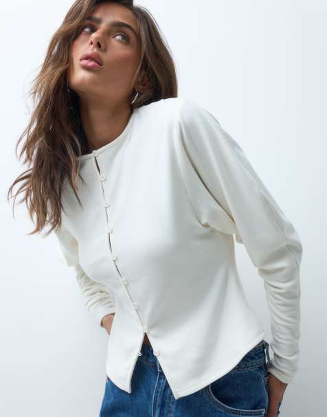 ASOS DESIGN top morbido con drappeggio, abbottonatura frontale e maniche voluminose in crema - view 1