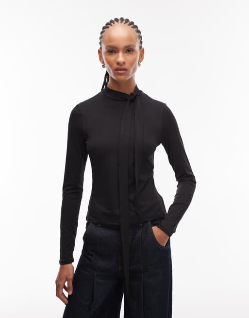 ASOS DESIGN - Top morbido nero con scollo a sciarpa