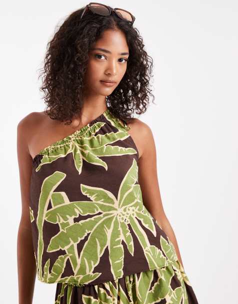 ASOS DESIGN one shoulder top co-ord in palm print