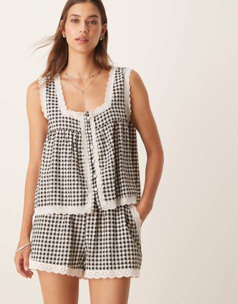 ASOS DESIGN – Top na ramiączkach w stylu babydoll w kratkę vichy z koronkowym wykończeniem - view 1