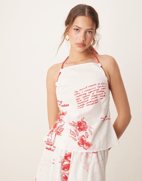 ASOS DESIGN – Top na ramiączkach z dekoltem halter i sznurkowym wiązaniem w czerwony kwiatowy wzór, część zestawu - view 1