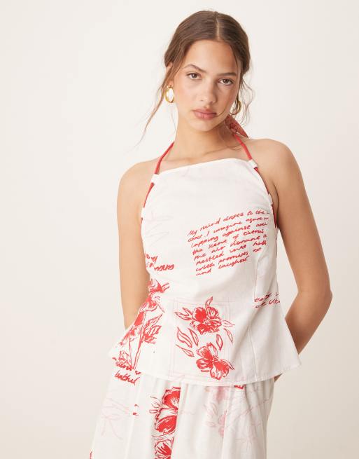 ASOS DESIGN – Top na ramiączkach z dekoltem halter i sznurkowym wiązaniem w czerwony kwiatowy wzór, część zestawu
