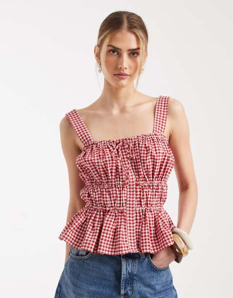 ASOS DESIGN – Top na ramiączkach z marszczeniem i kokardkami, w czerwoną kratkę vichy - view 1