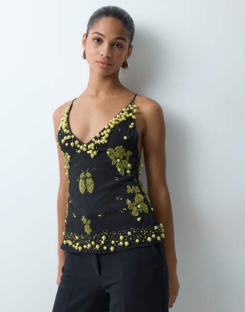 ASOS DESIGN top na ramiączkach z ozdobnymi koralikami, czarny - view 1