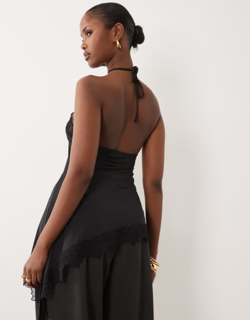 ASOS DESIGN - Top negro ceñido y asimétrico con cuello halter y ribete de encaje, 4 de 4