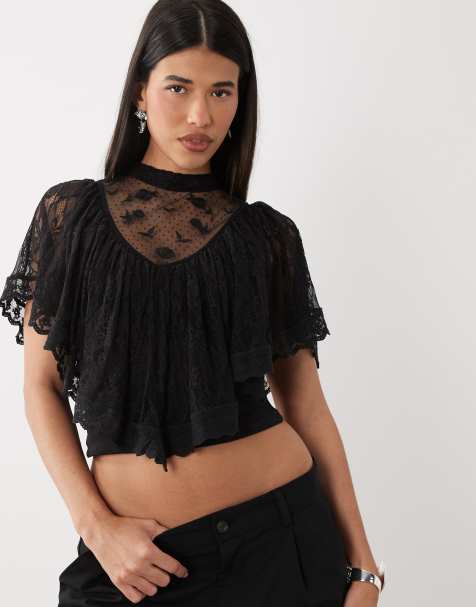 ASOS DESIGN - Top negro con capa fluida y lazada en la espalda de encaje - view 1