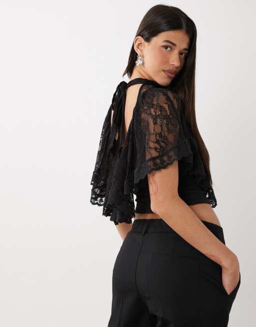 ASOS DESIGN - Top negro con capa fluida y lazada en la espalda de encaje, 4 de 4