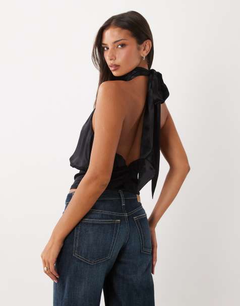 ASOS DESIGN - Top negro con cuello alto, espalda descubierta y detalle de pañuelo - view 1