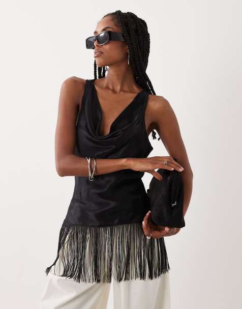 ASOS DESIGN - Top negro con cuello desbocado y flecos de satén - view 1