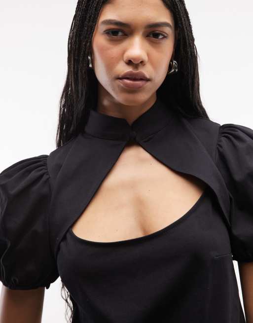 ASOS DESIGN - Top negro con cuello mao, mangas abullonadas y abertura, 4 de 4