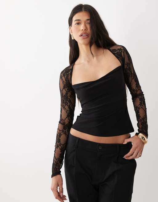 ASOS DESIGN - Top negro con escote corazón y mangas largas de encaje, 3 de 4