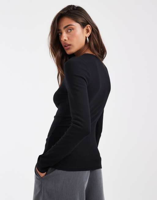 ASOS DESIGN - Top negro entallado de manga larga y corte depurado, 4 de 4