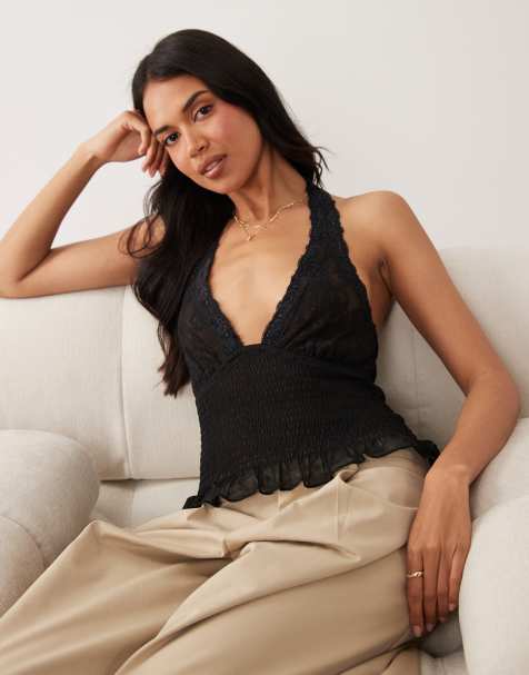 ASOS DESIGN - Top negro fruncido de malla con cuello halter y detalle de encaje - view 1