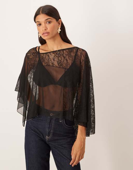 ASOS DESIGN - Top negro transparente asimétrico tipo capa con encaje