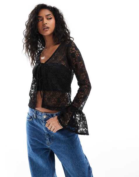 ASOS DESIGN - Top nero allacciato sul davanti in pizzo con volant - view 1