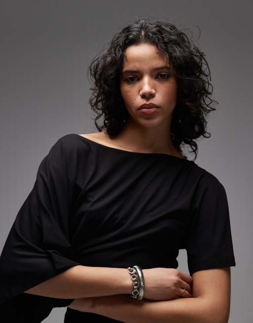 ASOS DESIGN - Top nero con spalle scivolate e vita stretta, 4 di 4