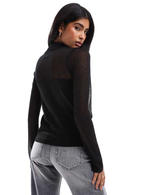 ASOS DESIGN Top nero in maglia con pannelli trasparenti e scollo a cuore ASOS