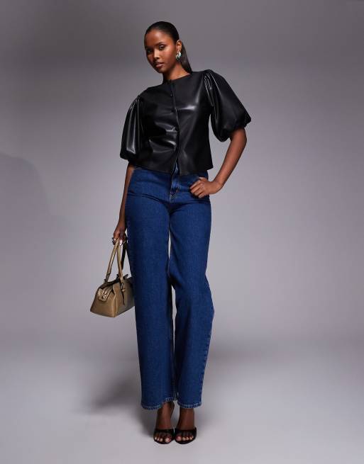 ASOS DESIGN - Top nero in pelle sintetica con bottoni e maniche a sbuffo, 3 di 4
