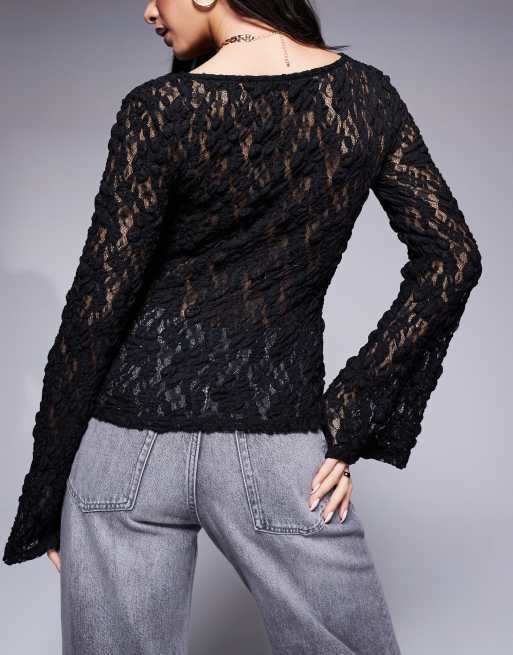 ASOS DESIGN - Top nero in pizzo con maniche svasate e scollo profondo, 3 di 4