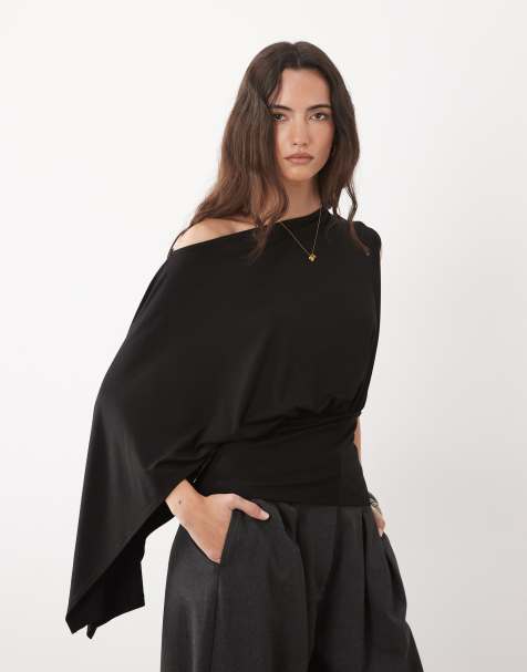 ASOS DESIGN - Top nero monospalla a mantella con scollo a barchetta stretto in vita - view 1