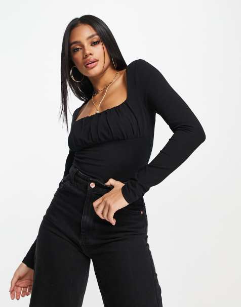 ASOS DESIGN - Top nero raccolto sul bustino a maniche lunghe - view 1