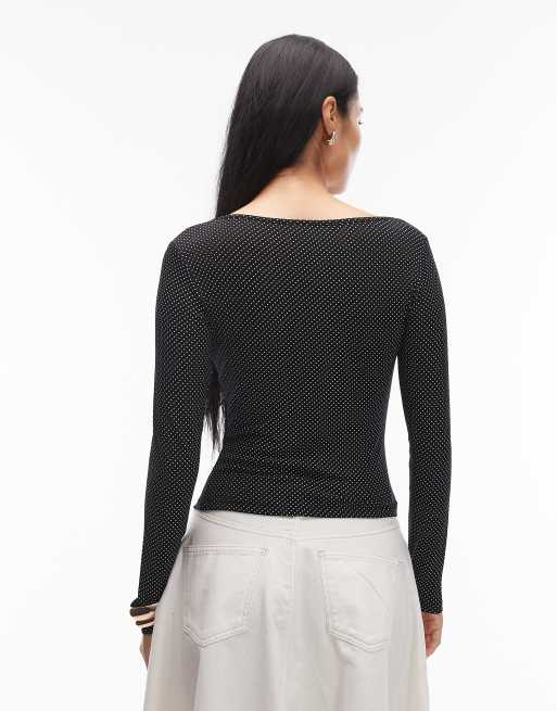 ASOS DESIGN - Top nero stampato a pois con scollo rotondo, 2 di 4