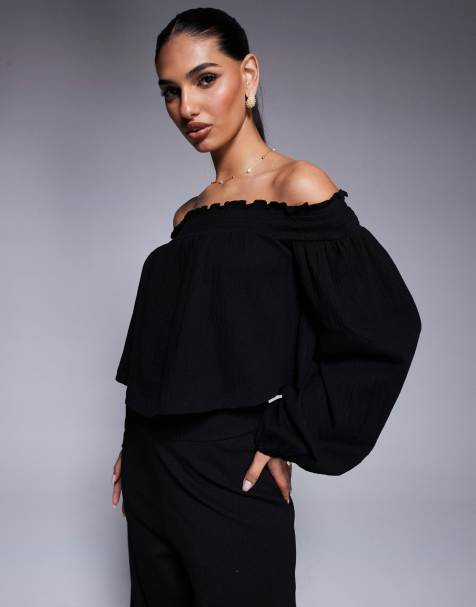 ASOS DESIGN - Top nero stropicciato con spalle scoperte e maniche a palloncino - view 1