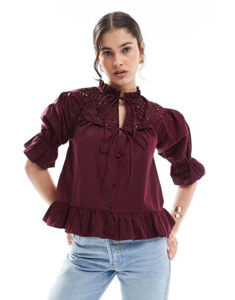 ASOS DESIGN - Top noué sur le devant avec empiècement en broderie anglaise et manches longues - Cerise foncé - view 1