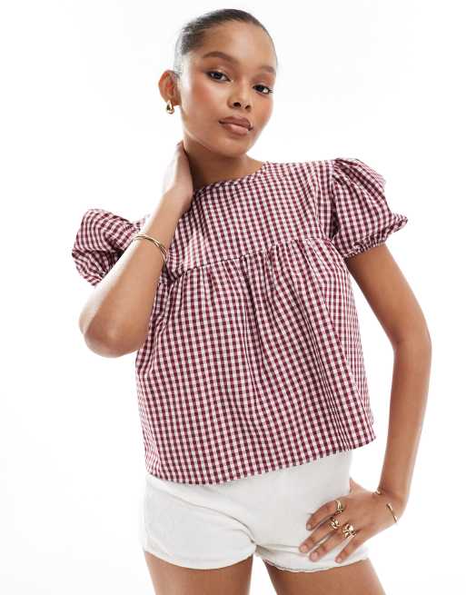 ASOS DESIGN – Top o fasonie babydoll z bufkami i wiązaniem z tyłu, w czerwoną kratkę vichy