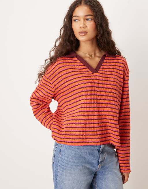 ASOS DESIGN – Top o pudełkowym kroju z długimi rękawami i kołnierzykiem w stylu rugby w paski w żywych kolorach