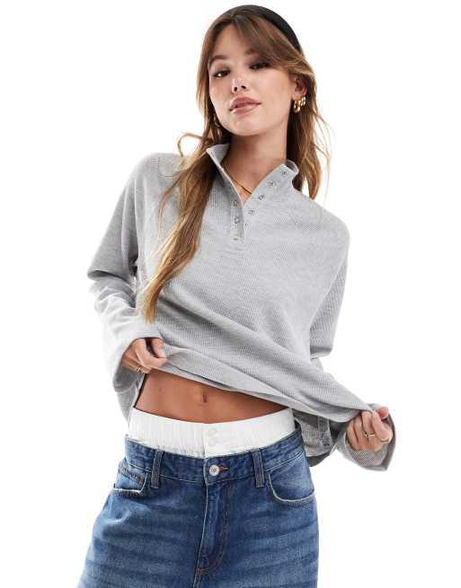 ASOS DESIGN – Top o waflowej teksturze i krótkim pudełkowym kroju z długim rękawem i dekoltem typu henley w szarym melanżowym kolorze