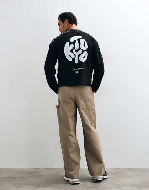 ASOS DESIGN top oversize à coupe carrée à manches longues avec passepoil et imprimé graphique Kyoto noir - view 1