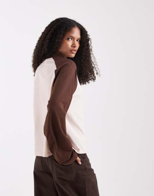 ASOS DESIGN - Top oversize à manches longues raglan - Marron et rose, 3 de 4