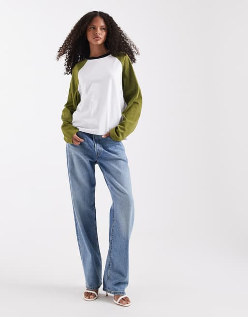 ASOS DESIGN - Top oversize a maniche lunghe raglan verde e bianco, 2 di 4
