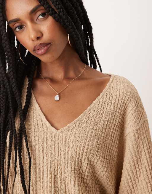 ASOS DESIGN - Top oversize a mantella color pietra testurizzato con scollo a V in coordinato, 4 di 4