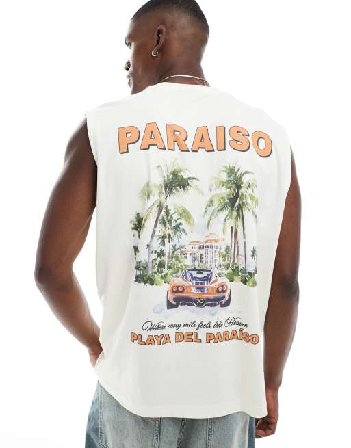 ASOS DESIGN – Top oversize bez rękawów w kolorze złamanej bieli z nadrukiem z przodu i z tyłu