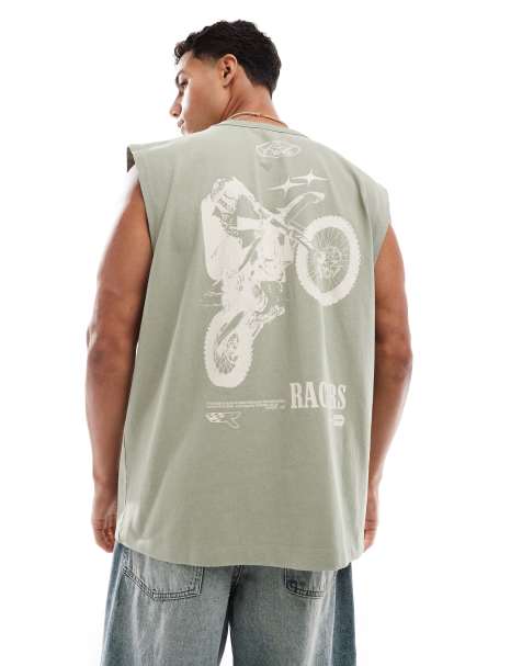 ASOS DESIGN – Top oversize bez rękawów z nadrukiem motocykla w spranym kolorze khaki - view 1