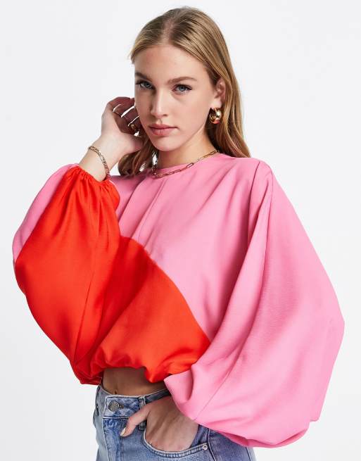 ASOS DESIGN - Top oversize colorblock a maniche lunghe rosa e rosso