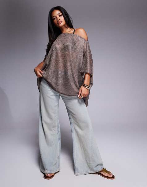 ASOS DESIGN - Top oversize extra largo trasparente con spalle scoperte color oro - view 1