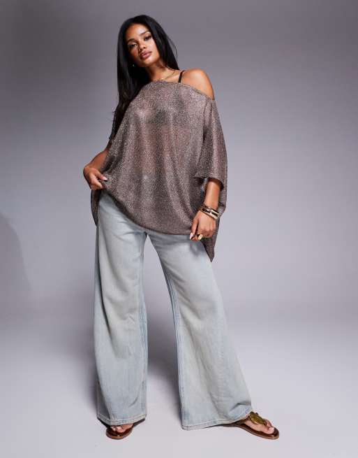 ASOS DESIGN - Top oversize fluide à épaules dénudées en tissu transparent - Doré