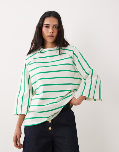 ASOS DESIGN - Top oversize rayé à manches chauve-souris - Vert et blanc - view 1