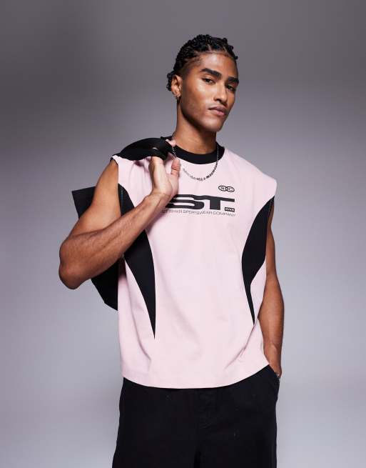 ASOS DESIGN - Top oversize senza maniche rosa con grafica sportiva e dettagli cut and sew