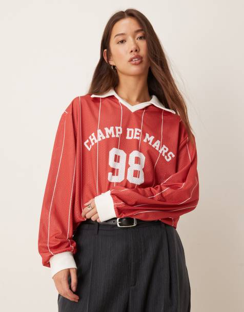 ASOS DESIGN - Top oversize stile rugby in airtex rosso a righe con grafica Paris - view 1