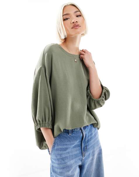ASOS DESIGN oversized puff sleeve detail top in khaki