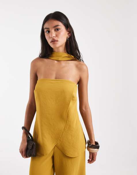 ASOS DESIGN - top palabra de honor de traje con detalle de pañuelo en dorado - view 1